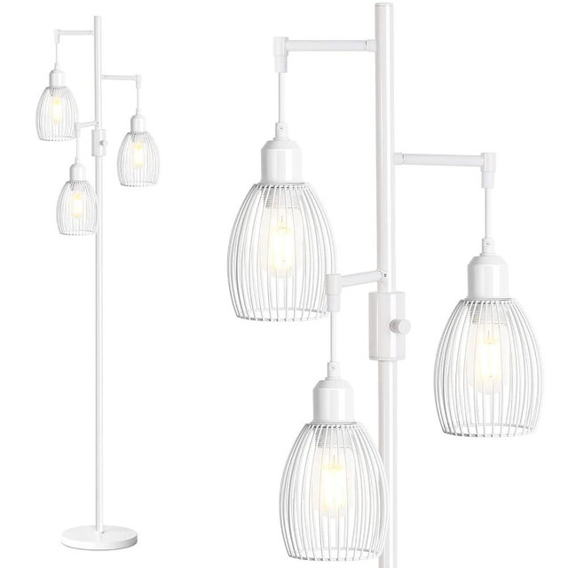 Dimmable Floor Lamp, 3 x 800LM LED Edison Bulbs Included, Farmhouse Industrial Floor Lamp Standing Lamp with Elegant Teardrop Cage Head Tall Lamp for Living Room Bedroom Office Dining Room - White