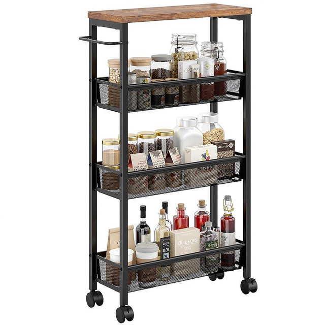 VECELO 4 Tier Slim Rolling Cart Organizer, Rolling Carts On Wheels with Storage, Sturdy Metal Frame Narrow Cart with Handle, Space Saving for Kitchen, Bathroom, Laundry, Rustic Brown