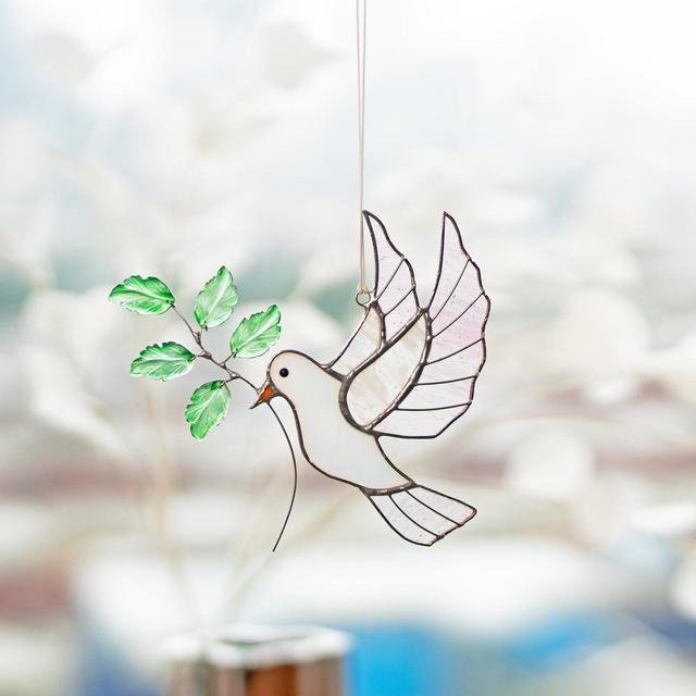 White Dove Stained Glass Birds Suncatcher Christmas Gifts Custom Stained Glass Wall Decor Spiritual Home Accent, Symbol of Peace, Mom gift