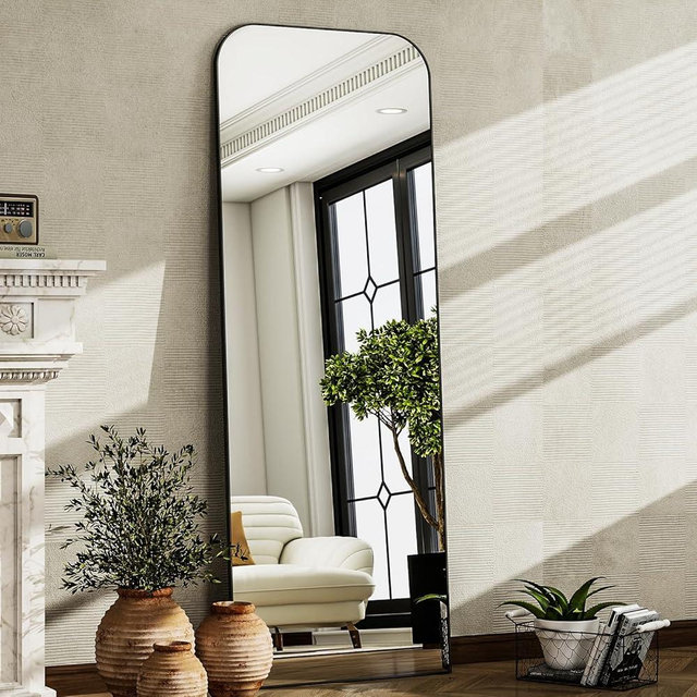 HARRITPURE 57"x20" Full Length Mirror Full Body Mirror Top Rounded Corner Aluminum Frame Hanging or Leaning Wall Floor Mirror with Stand for Living Room Bedroom Cloakroom,Black