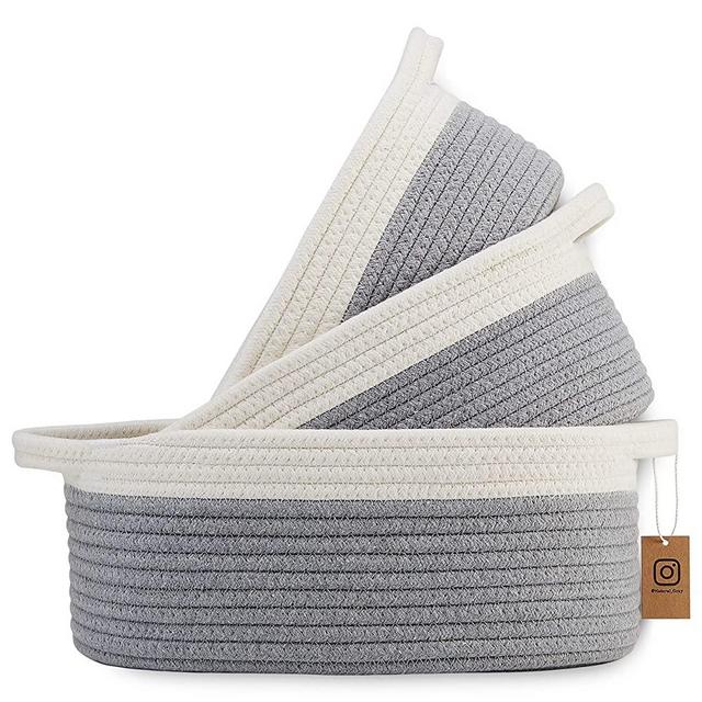 NaturalCozy 3-Piece Cotton Rope Baskets with Handles - 100% Natural Cotton! Oval Woven Storage Basket Set, Toy Basket, Small Soft Baby Nursery Baskets, Cat Dog Toy Baskets, Gift (Off White and Gray)