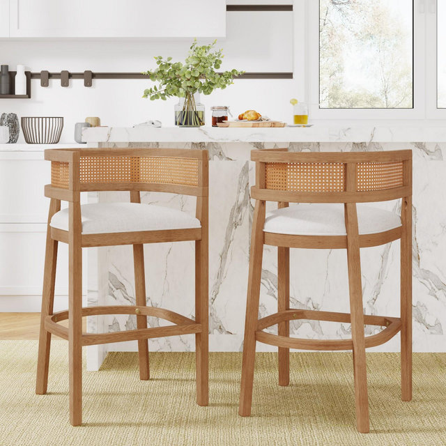 Christopher Knight Home Marie Contemporary Rubberwood Upholstered Bar Stools with Curved Rattan Back , Natural Oak