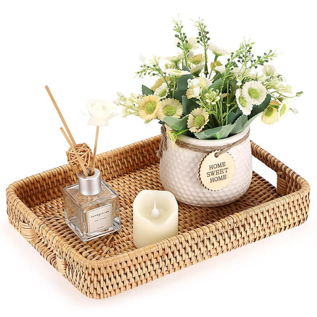 Hipiwe Rattan Serving Tray Hand Woven Tray with Handles Rattan Rectangular Basket Tray for Storage Breakfast Dessert Fruit Decorative Tray for Coffee Table, 11.8x7.9x1.8inch