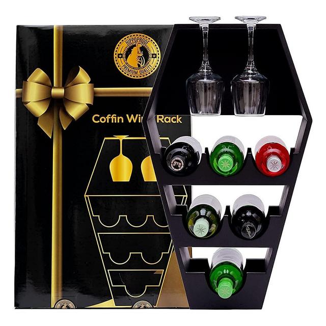 HippoProof Coffin Wine Rack Countertop - Wood Coffin Rack for Kitchen or Living Room - Spooky Gothic Decor for Home - Black Wooden Coffin Shelf Bottle Holder - Gift on Any Occasion