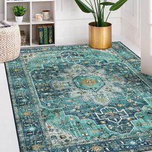 Moynesa Ultra-Thin Washable Vintage Area Rug - 5x7 Large Living Room Rug Boho Oriental Medallion Bedroom Mat Non-Slip Non-Shedding Dining Room Floor Carpet for Home Office, Teal/Mutil