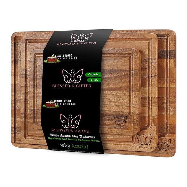 Blessed & Gifted Acacia Cutting Board for Kitchen Meal Prep & Serving - Cutting Boards with Juice Grooves, and Handle, Wooden Chopping Board for Meat, Fruits, Veggies and Cheese (Acacia Wood)