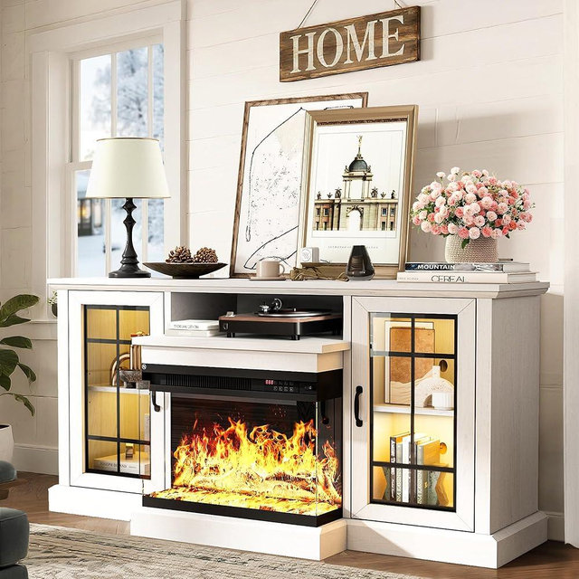 MXV 59'' Fireplace TV Stand, Farmhouse Entertainment Center with 3 Sided Glass TV Stand, Modern Media Console Table with Storage Drawers & Cabinets with LED Flame and Lights for Living Room, White