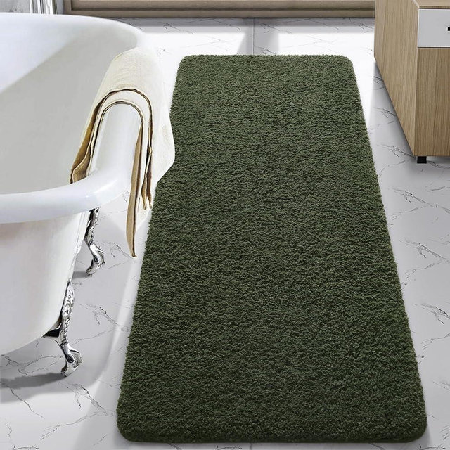 LOCHAS Bathroom Rug Runner 24x60 Inch, Soft Thick Absorbent Microfiber Bath Rugs for Bathroom, Machine Washable, Shaggy Plush Non Slip Bath Mat for Tub, Shower Floor, Quick Dry Mats, Olive Green