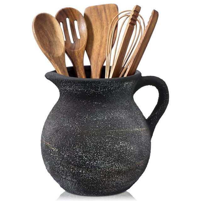 Potchen Rustic Kitchen Utensil Holder with Handle,7.48" H Ceramic Vintage Utensil Crock for Countertop, Farmhouse Kitchen Decoration Ceramic Pot for Spatulas Spoons Tongs(Classic,Antique Black Gold)