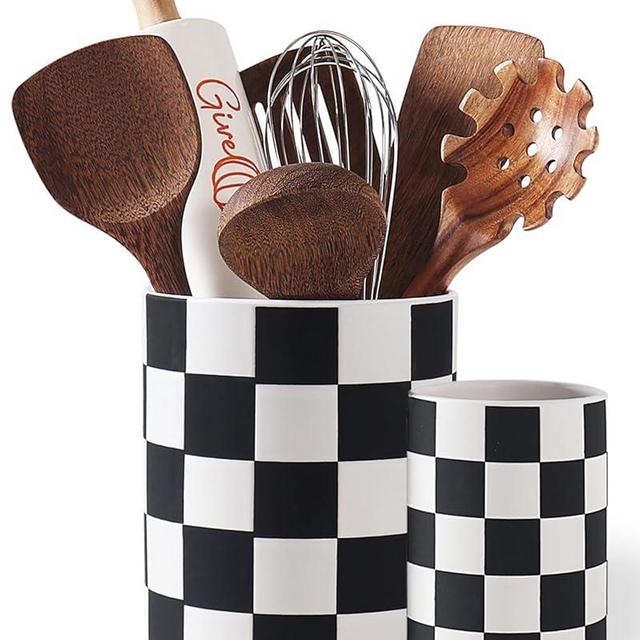 Swkien Utensil Holder，7.1"+5.8" Ceramic Kitchen Utensil Holder for Counter top, Checkered Cooking Utensil Holder for Spatula & Spoon, Kitchen Decor, Set of 2 (Black Checkered)