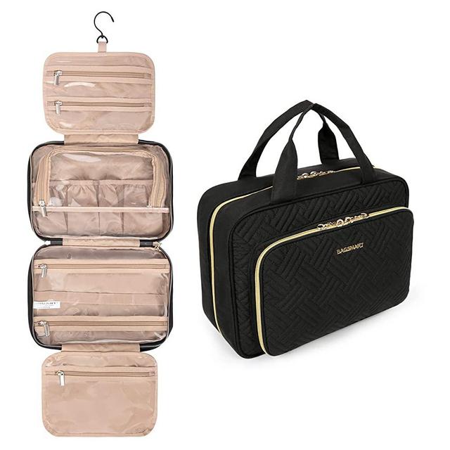 BAGSMART Toiletry Bag Hanging Travel Organizer with TSA Approved Transparent Cosmetic Bag and Detachable Makeup Pouch For Full Sized Toiletries, Medium-Black