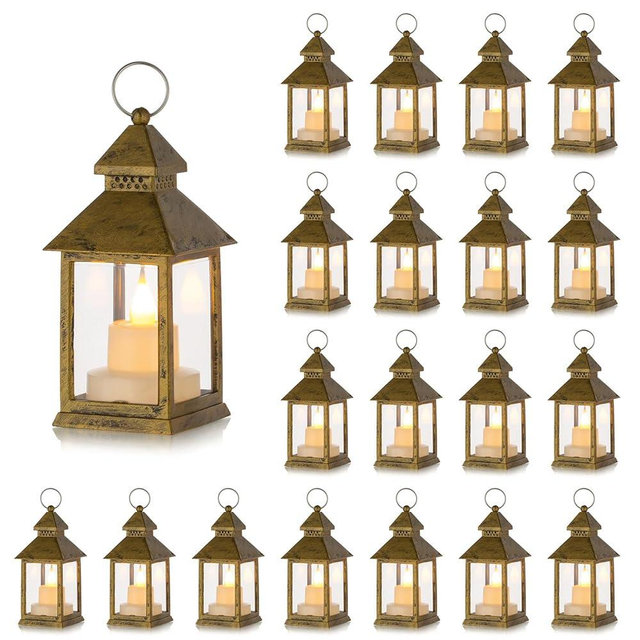 Romadedi Mini Lanterns Decorative for Wedding Centerpiece - 20 PCS Hanging Small Gold Lantern Bulk with Flickering LED Candles for Halloween Decorations Christmas Table Decor, Batteries Included