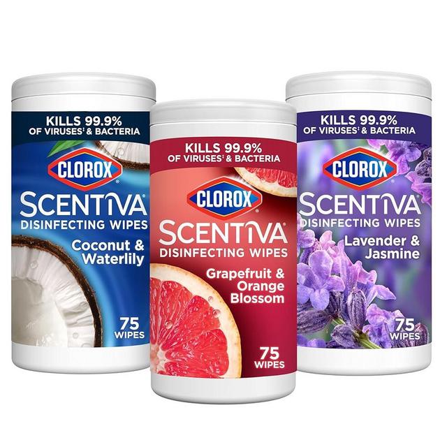 Clorox Scentiva Disinfecting Wipes, Lavender and Jasmine, Grapefruit and Orange Blossom, and Coconut and Waterlily, 75 Count Each, Pack of 3 (Package May Vary)
