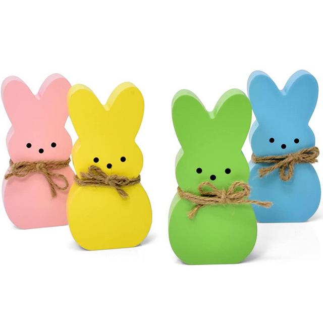 4 Easter Bunny Peeps Table Decorations Centerpieces Wooden Spring Shaped Peep Bunnies Rabbit Tiered Tray & Table Top Sign Decor for Office Dining Room Mantle Home Wood Rustic Farmhouse Party Supplies