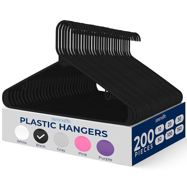 SereneLife 200 Pack Plastic Hangers, Non-Slip, Space-Saving Closet Organizers, Durable and Strong for Shirts, Sweaters, Hoodies, Kids Clothes & Dresses, Ultra-Thin, Lightweight