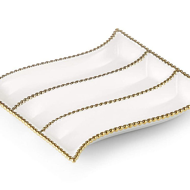 White Porcelain Cracker Dish with Gold Beaded Design-Measures: 10" L