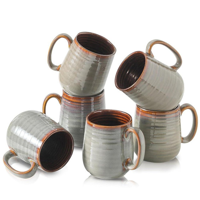 MEKY Ceramic Coffee Mugs Set of 6, 15oz Coffee Cups for Office and Home, Latte Mug Set for Birthday Thanksgiving Housewarming Gift, Dishwasher Microwave Safe, Brown