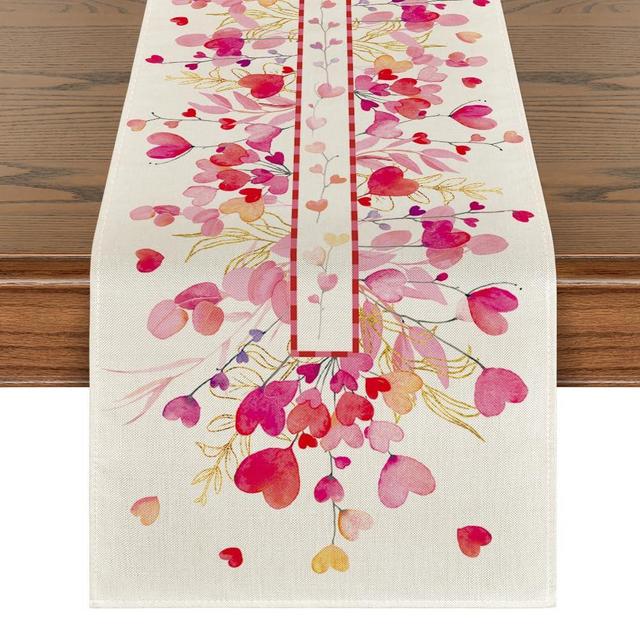 Artoid Mode Red Pink Heart Branch Valentine's Day Table Runner, Seasonal Leaf Kitchen Dining Table Decoration for Home Party Decor 13x72 Inch