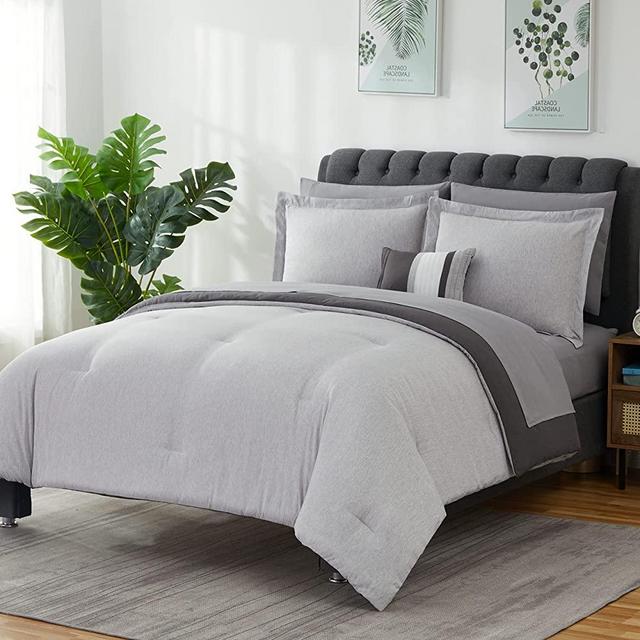 Monbix Queen Bed in a Bag Bed Set All Season Luxury Breathable Microfiber Bedding Collection Cozy Comforter Set Soft Washable Fluffy Grey Gray Reversible Cationic 8 Piece with Shams Sheet and Pillow