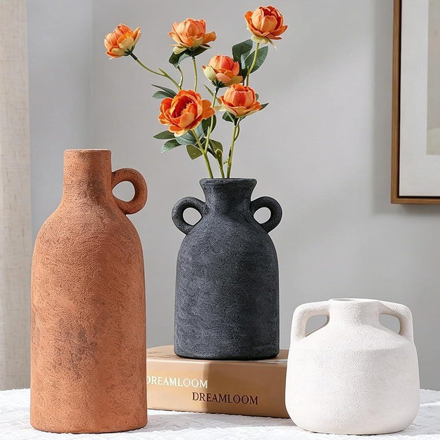 3Pcs Flower Vases for Modern Boho Farmhouse Decor, Decorative Ceramic Vases for Pampas Grass & Dried Flowers, Distressed Finish