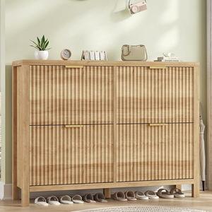 YOMILUVE Shoe Cabinet Storage for Entryway, Fluted Shoe Cabinet with 4 Flip Drawers, Hidden Shoe Rack Freestanding Wooden Shoe Organizer with Legs for Hallway, Oak