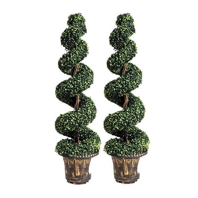 Goplus 4 Ft Artificial Boxwood Spiral Tree, Fake Greenery Plants, Leaves & Cement-Filled Plastic Flower Pot Decorative Trees for Home Office Indoor Outdoor (2)