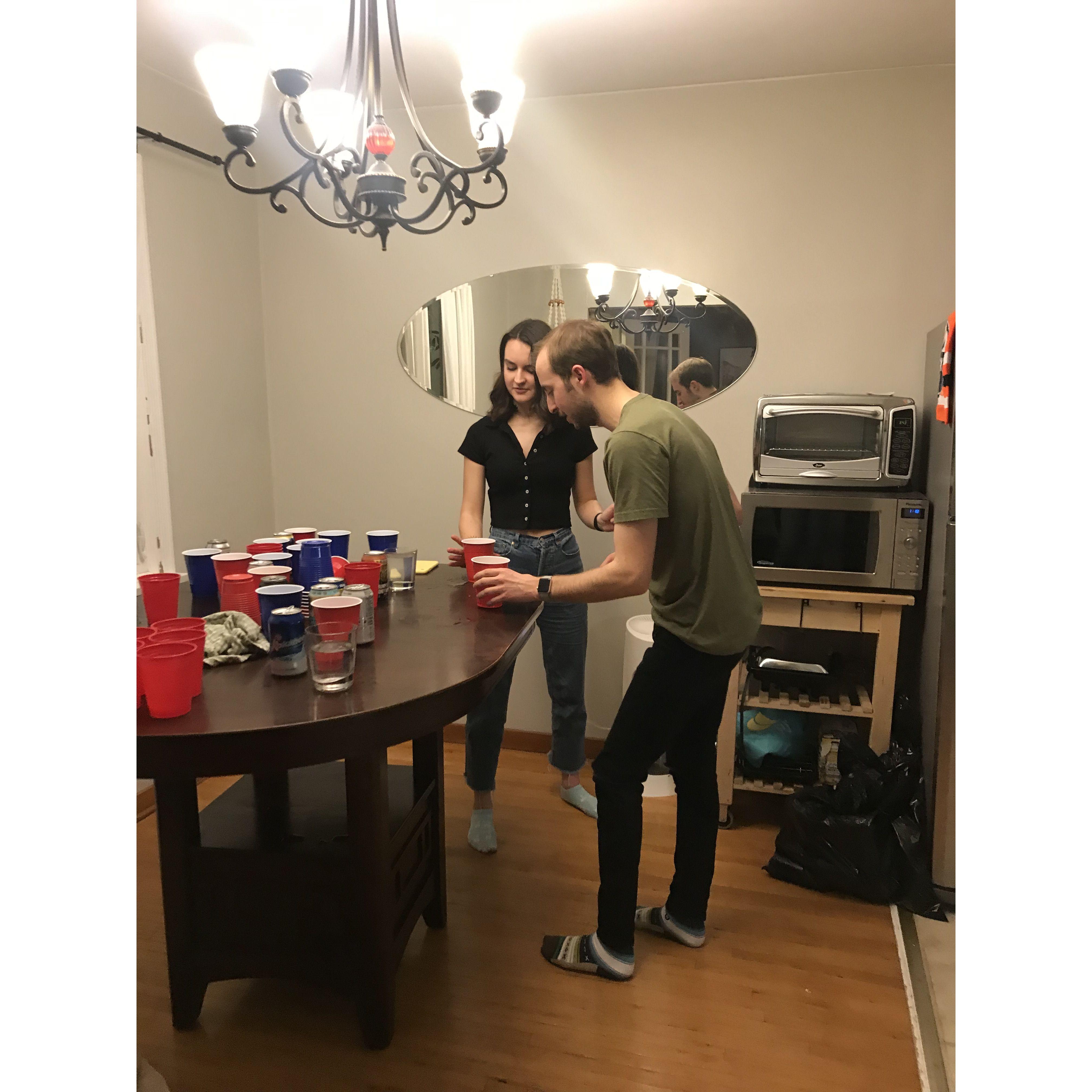 Their first game of beer pong together, January 12th, 2020