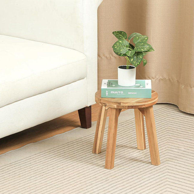 ARROWSTONE Round Stool Acacia Wood, 12" Height, 11" Round Top, Backless, Easy Assembly, Natural Wax Finish, Wooden Stool for Plant, Dining Room, Living Room, Garden, Makeup