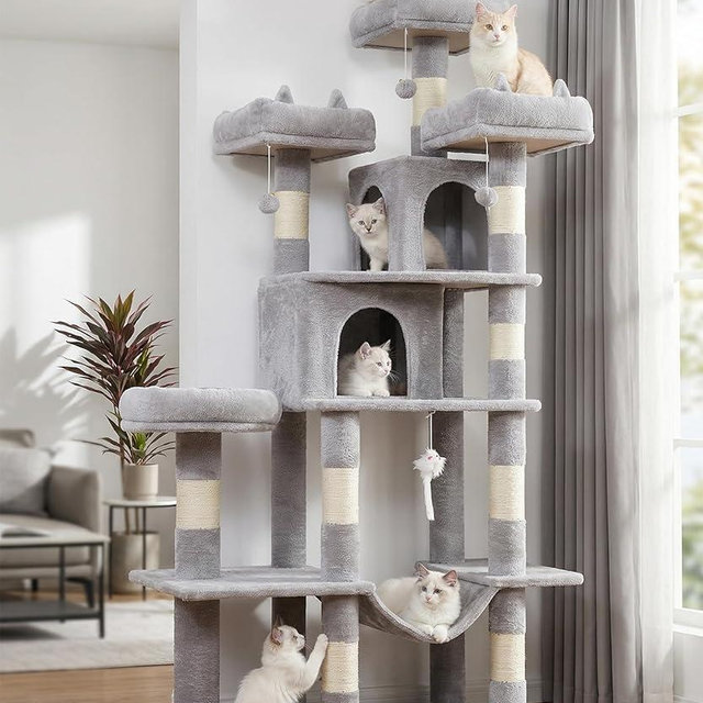 LIKISAK Heavy Duty Cat Tree for Indoor Cat, 71 Inch Large Cat Tower with Scratching Post and Top Perch, Hammock, Big Cat Condo for Adult Cats Kittens, PMT03GY, Grey
