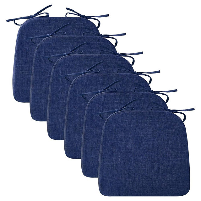 Ruqmuis Chair Cushions for Dining Chairs, 2" Thick Seat Cushions for Kitchen Chairs, D-Shaped Chair Pads with Washable Cover, Ties and Non Slip Backing, 17'' x 16'', Set of 6, Blue