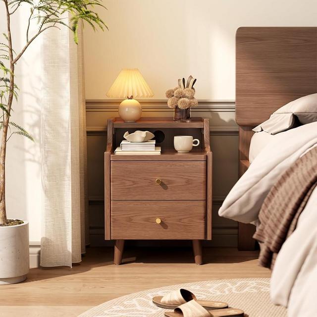 Narrow Nightstand with 2 Drawers,Small Nightstand,Bedside Table,Solid Wood Modern Bedside Table for Bedroom,Study,Toilet(Walnut