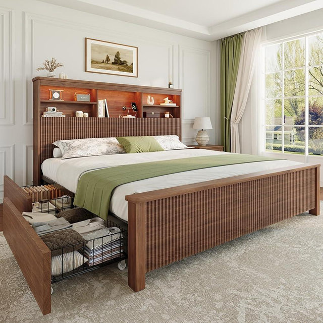 Uteeran King Size Bed Frame and Tall Headboard & Storage, Metal Platform Bed Frame with 4 Storage Drawers, King Bed Frame with LED Lights & Charging Ports, No Box Spring Needed, Noise-Free, Brown