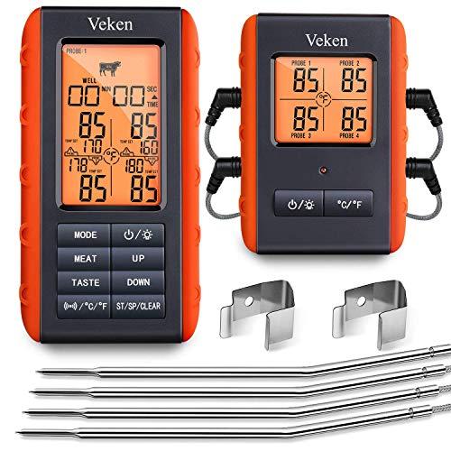 Veken Meat Thermometer for Grilling, BBQ Wireless 4 Probe Remote, Instant Read Digital Cooking Grill Thermometer, Food Thermometer for Oven & Smoker & Roasting, 490 Feet