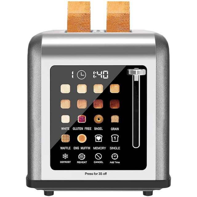 2 Slice Toaster Touch Screen, Stainless Steel Toasters Digital Timer 2 Slot Toasters, 8 Shade Settings 6 Bread Types for Bagel, Cancel, Defrost (Grey）