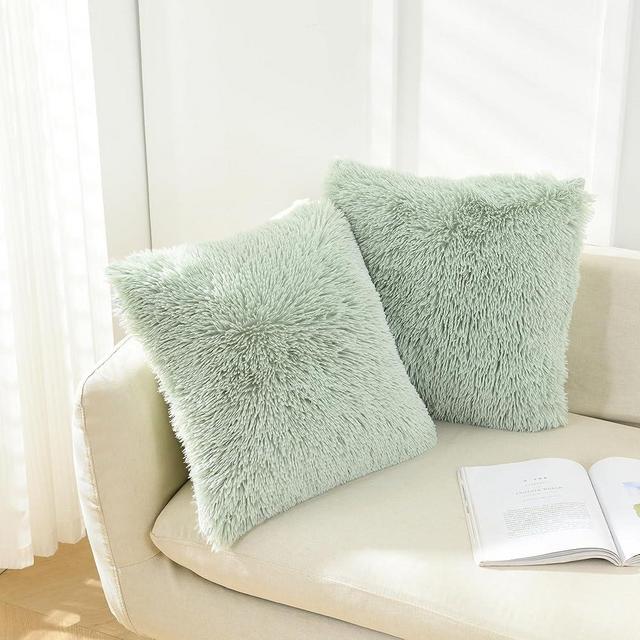 NordECO HOME Luxury Soft Faux Fur Fleece Cushion Cover Pillowcase Decorative Throw Pillows Covers,No Pillow Insert,Sage Green,2 Pack (16" x 16", S-sage Green)