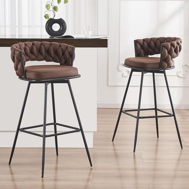 HMeeZnn Barstools Counter Height Set of 2, 360°Swivel Bar Stools 26" Stool Chair Suede Fabric Modern Woven Design Bar Chairs with Back and Footrest for Kithcen Cafe Pub, Brown