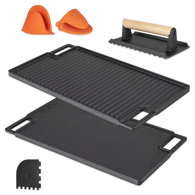 Cast Iron Griddle for Stove Top, Reversible Grill/Griddle + Cast Iron Press + Pan Scraper + Pinch Mitts, For Gas Stove, Grill, Camping & Outdoors - Pre Seasoned & Non-stick (16.75" X 9.5")