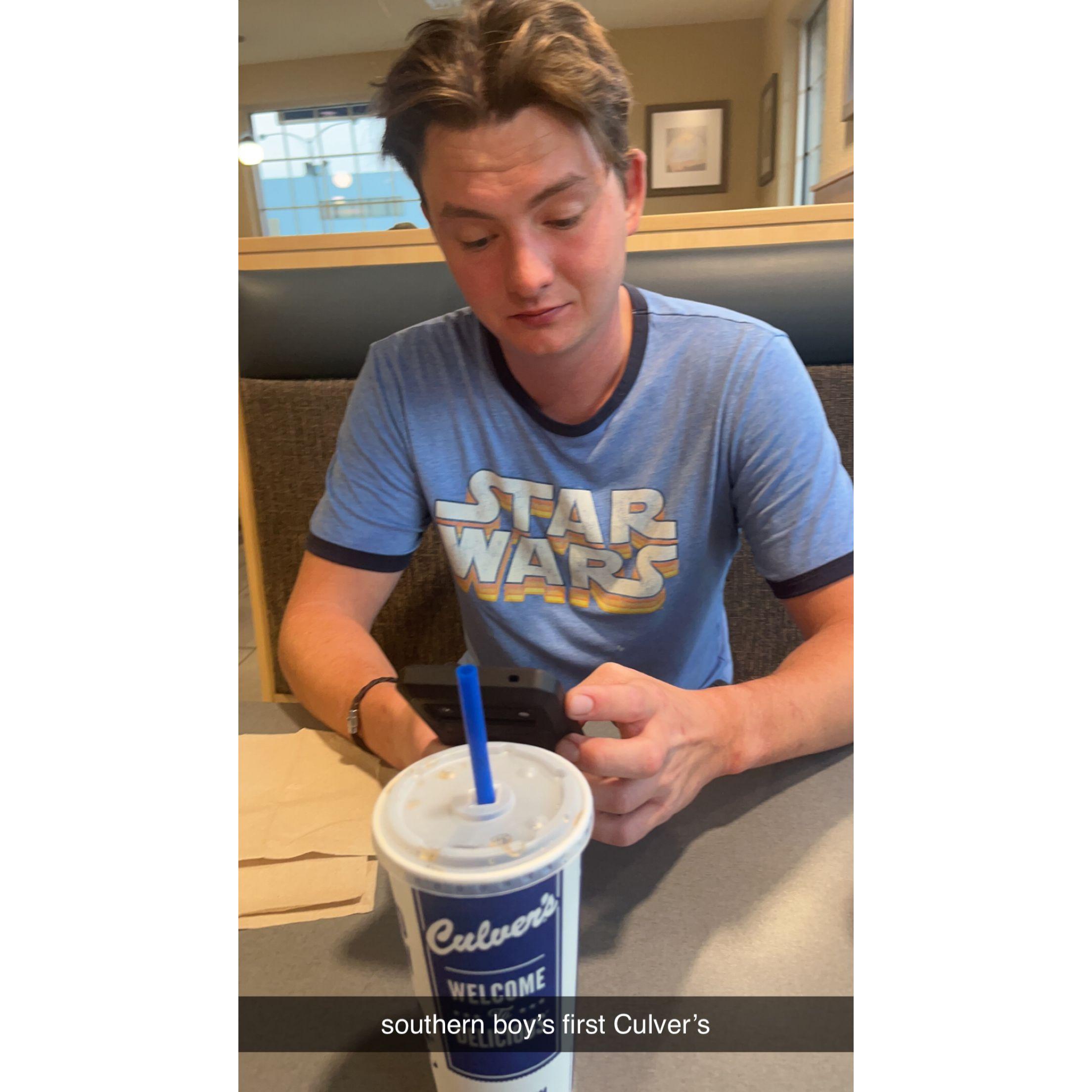 Zach's first Culver's! A Midwest Staple for a Southern Boy.