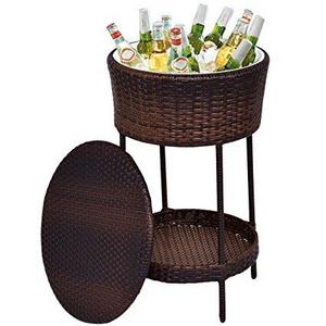 Giantex Outdoor Cooler Ice Bucket Patio Wicker Storage Poolside Deck Beverage Cooler with Lid Brown