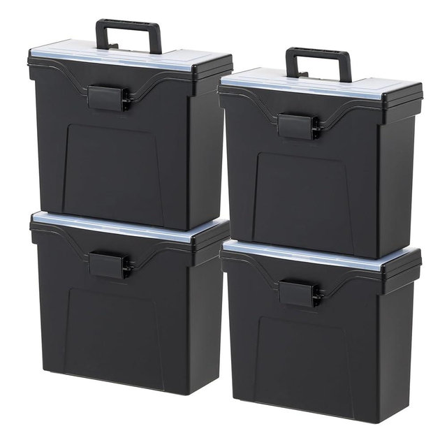 IRIS USA Slim Portable Letter/Legal File Tote Box, 4 Pack, BPA-Free Plastic Storage Bin with Organizer-Lid, Durable, Secure Lid and Handle, Black