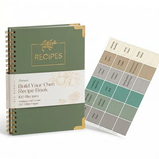 Large Green Spiral Recipe Book – 160 Recipes, Lay‑Flat Design, Thick Paper, Color Tabs