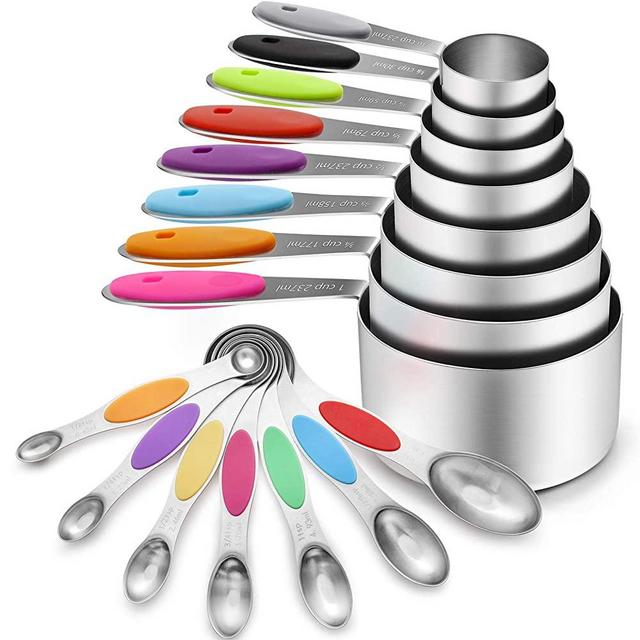 16 Pcs Stainless Steel Measuring Cups and Spoons Set, YIHONG Metal Measuring Cups and Spoons with Silicone Handle for Cooking & Baking, Includes 8 Cups, 7 Spoons and 1 Leveler