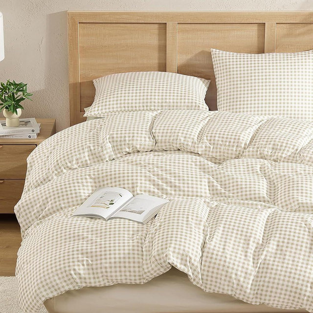 Andency Gingham Duvet Cover Queen Size, Cream Beige Checkered Plaid Bedding Set, 3 Pieces Soft Prewashed Polyester Comforter Cover with Zipper Closure & Corner Ties