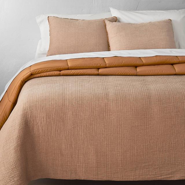 Full/Queen Textured Chambray Cotton Comforter & Sham Set Warm Brown - Casaluna™