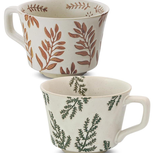 LINVIA Ceramic Coffee Mug Set of 2, 11 oz Novelty Unique Tea Cups with Big Handle, Couple Mugs for Mocha Latte Cappuccino Espresso, Best Gifts for Women and Men, Ivy and Leaf