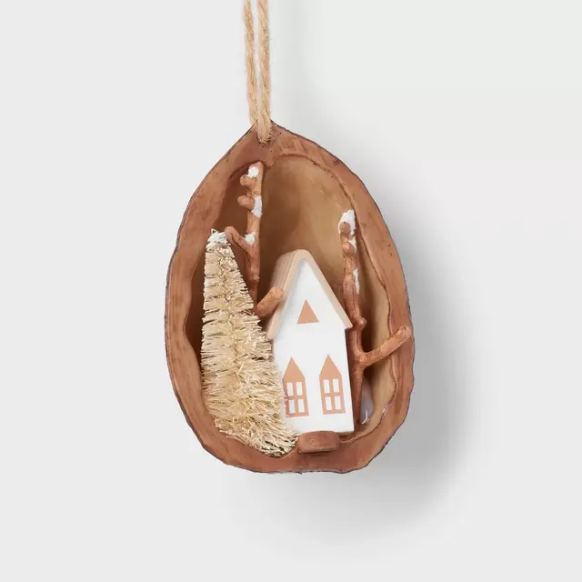 Mini House with Triangle Window and Ivory Bottle Brush Tree Scene Christmas Tree Ornament - Wondershop™