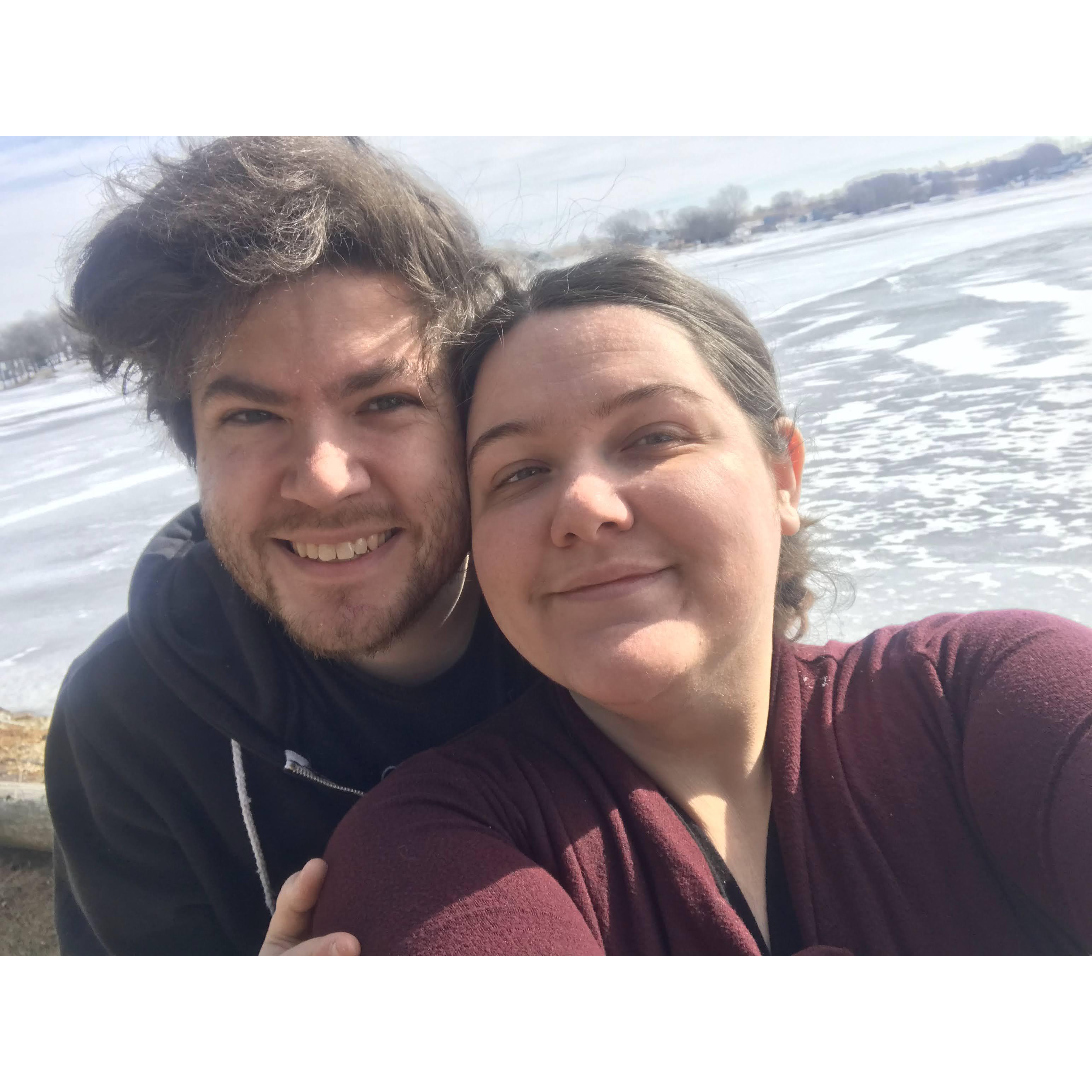 Together in front of a frozen lake in Iowa in 2022