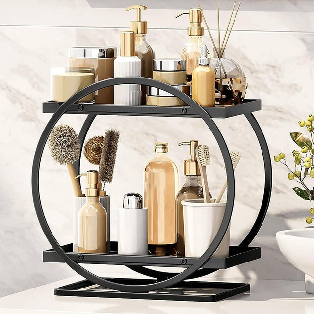 YIWANFW Makeup Organizer and Storage, Bathroom Vanity Organizer Skincare Organizers Perfume Organizer for Dresser, 2 Tier Cosmetic Display Tray for Bathroom Organizer Countertop, Black Make Up Storage