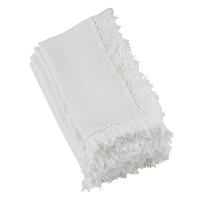 Saro Lifestyle Linen Table Napkins With Fringed Trim Design , Ivory, 20" x 20"
