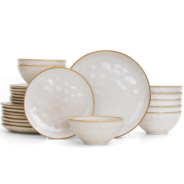 Famiware Dinnerware Sets for 8, Ocean Round 24-Piece Kitchen Plates and Bowls Sets, Reactive Glaze, Microwave and Dishwasher Safe, Scratch Resistant, Cappuccino White